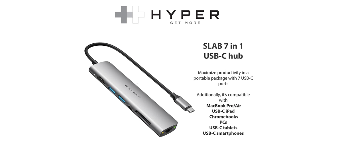 Cổng Chuyển HyperDrive Slab 7in1 USb-C Hub For Macbook, Surface, PC & Devices – HD22H