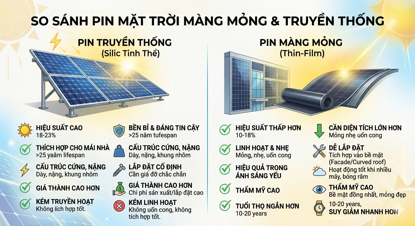 So sánh pin mặt trời màng mỏng và pin truyền thống